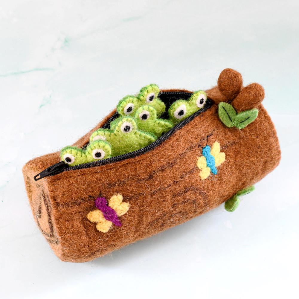 5 Little Speckled Frogs with Log Bag, Finger Puppet Set