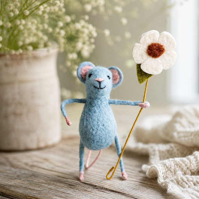 Blue Mouse Holding a Flower